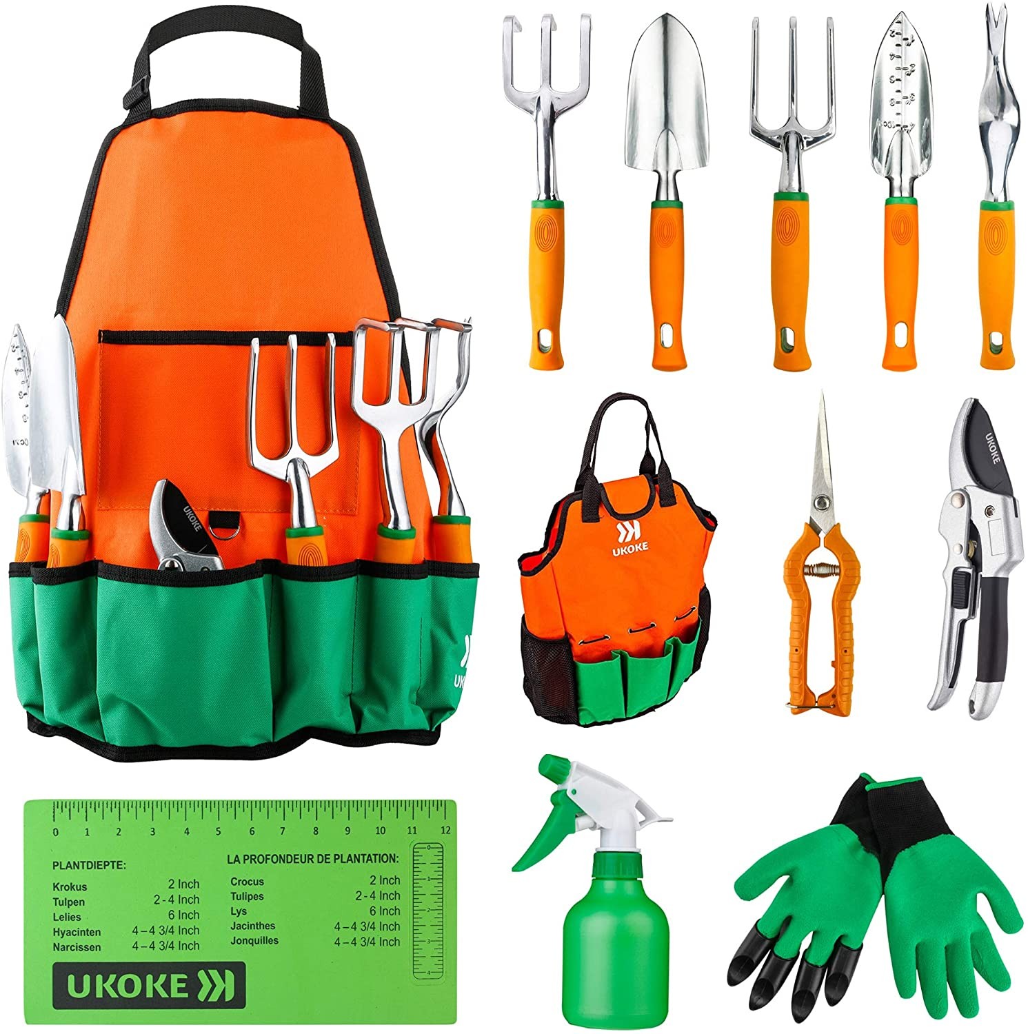 Ukoke Garden Tool Set 12 Piece Aluminum Hand Tool Box Garden Canvas Pocket Apron Outdoor Tools